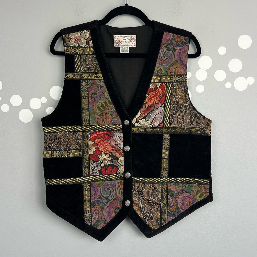 New Directions Vinatge Patchwork Velvet Brocade Vest Size L Adjustable Back Tie - Picture 1 of 6